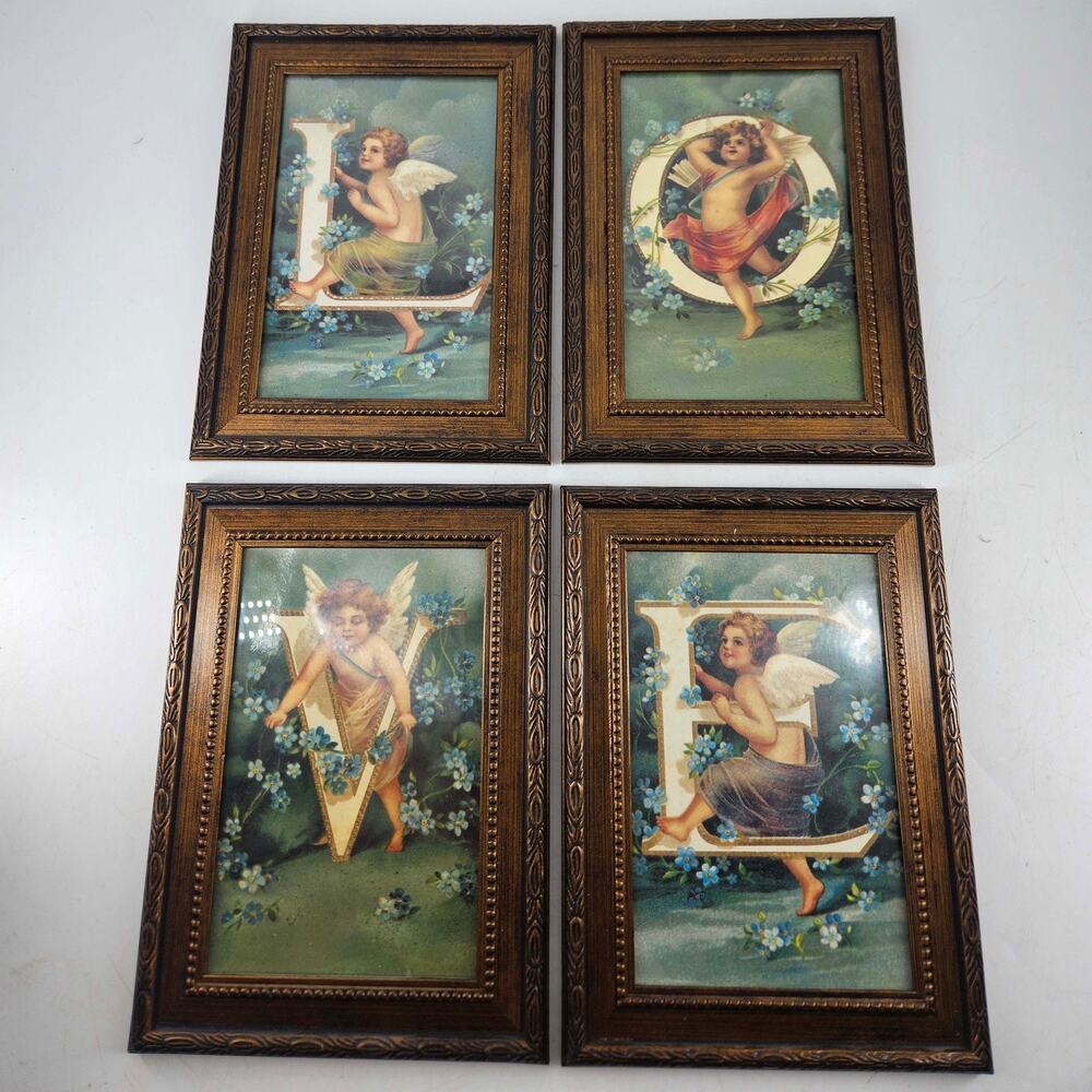 Set of 4 FOIL ART Love PRINT w cherubs victorian style Framed